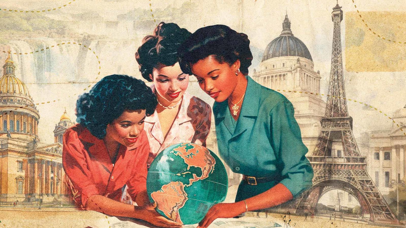 三个女人看着一本打开的书和一个地球仪